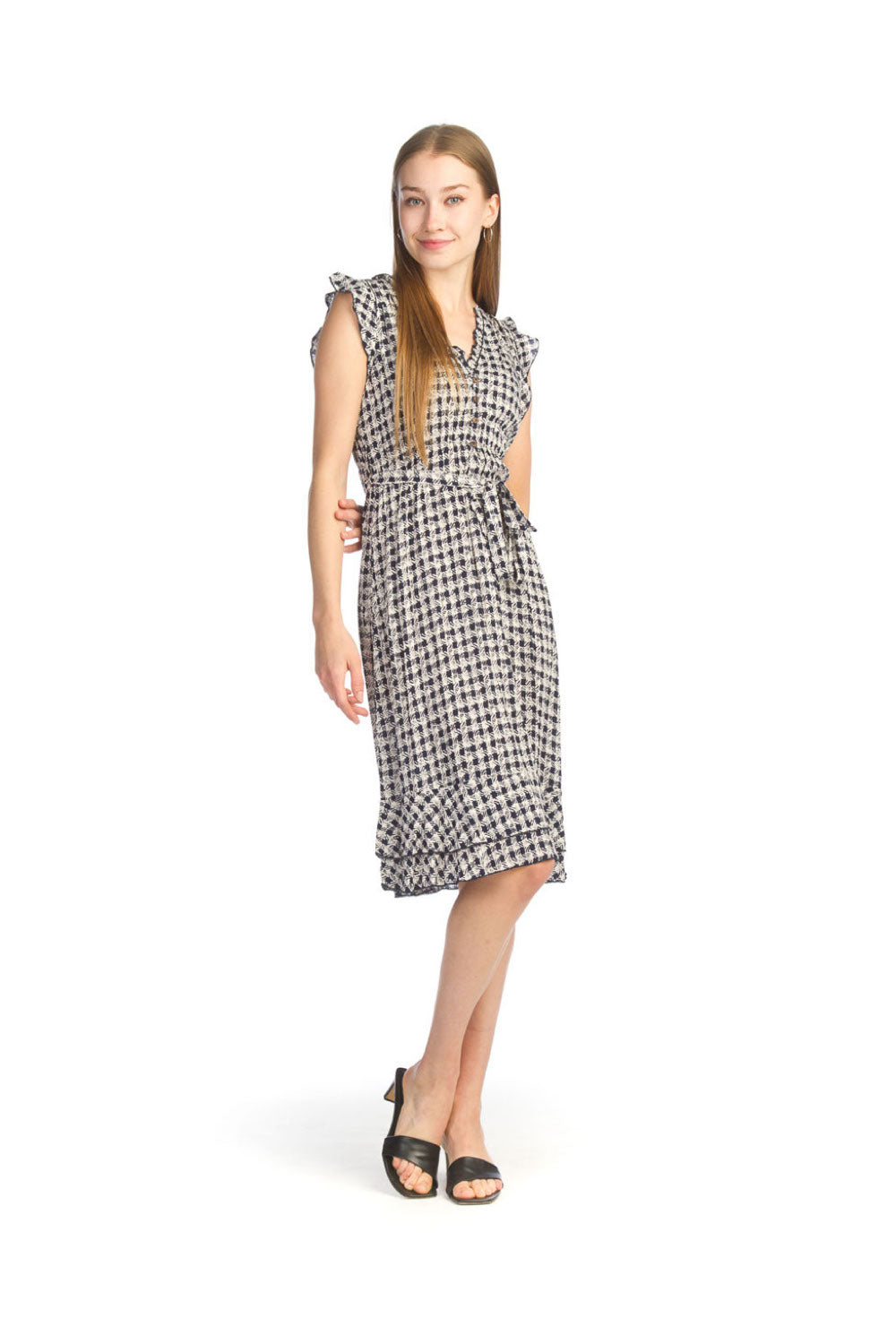 Navy Gingham Look Dress with Ruffle Trim