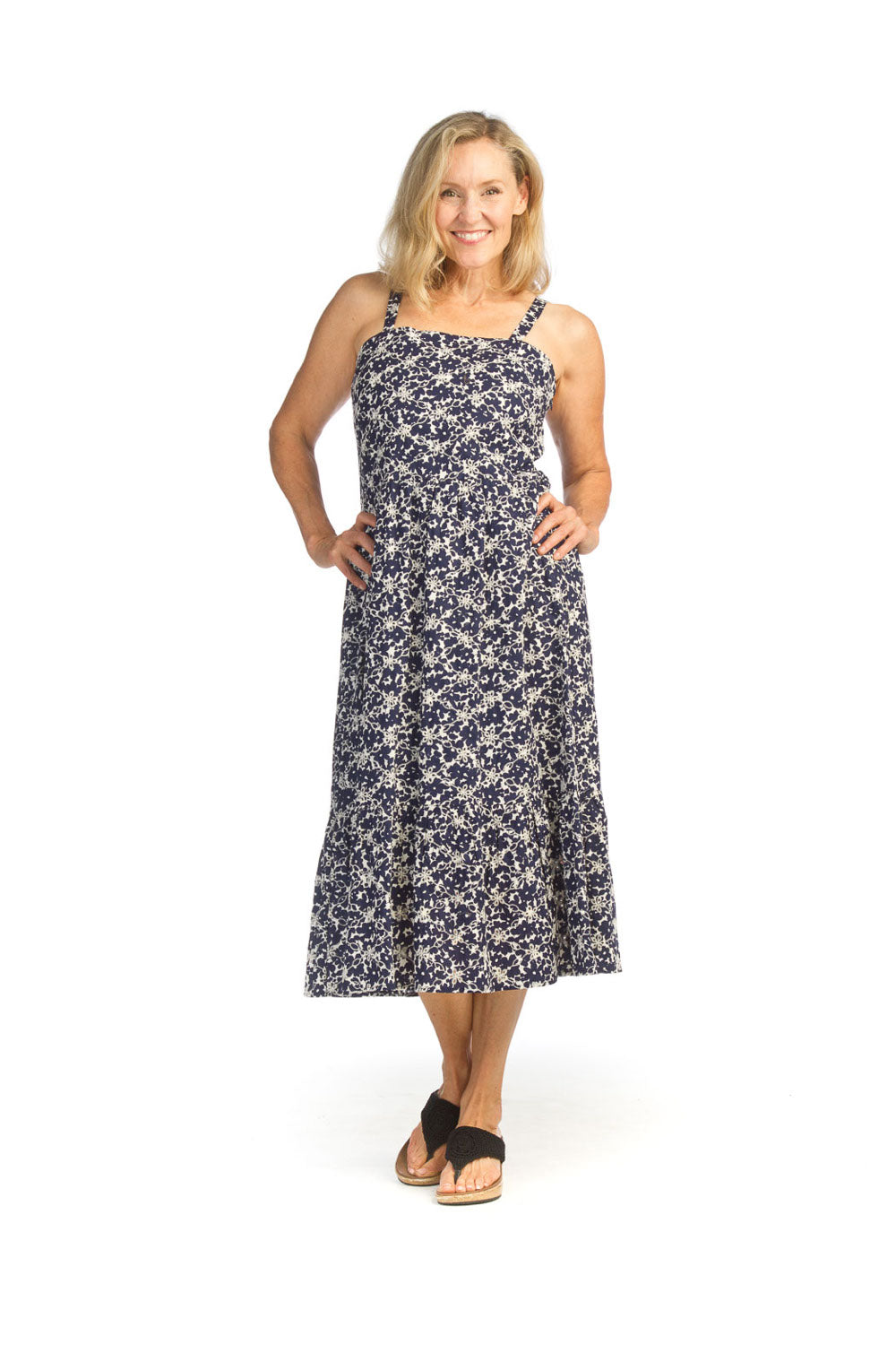 Navy Eyelet Floral Midi Dress with Adjustable Straps