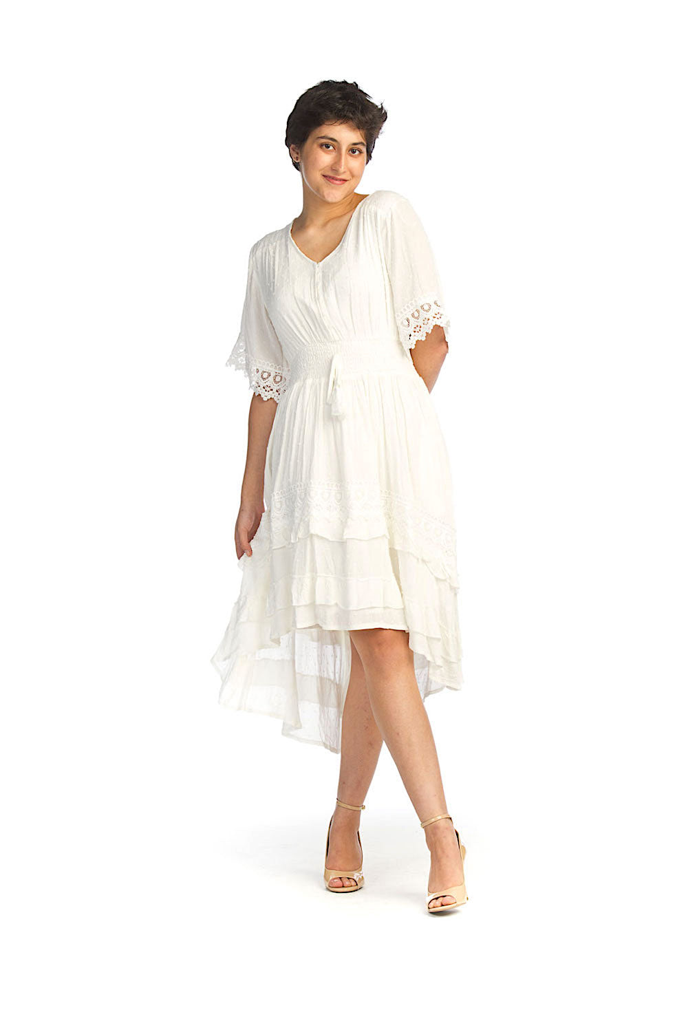 WHITE Swiss Dot Layered High Low Dress with Lace Trim