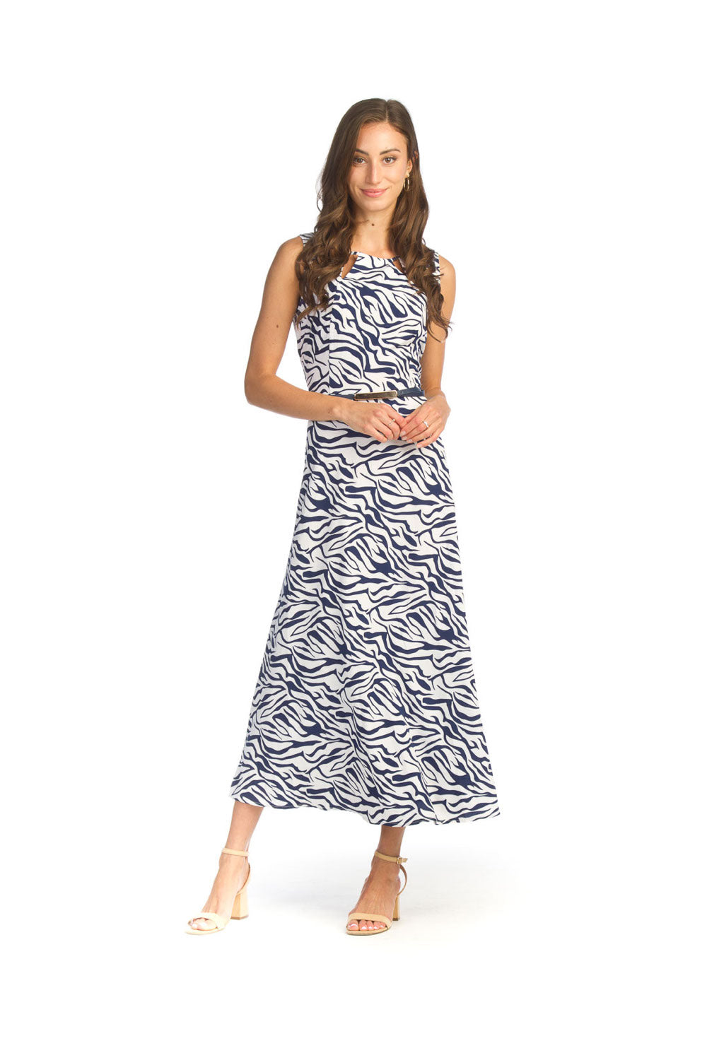 Navy Zebra Striped Cut Out Maxi Dress with Belt