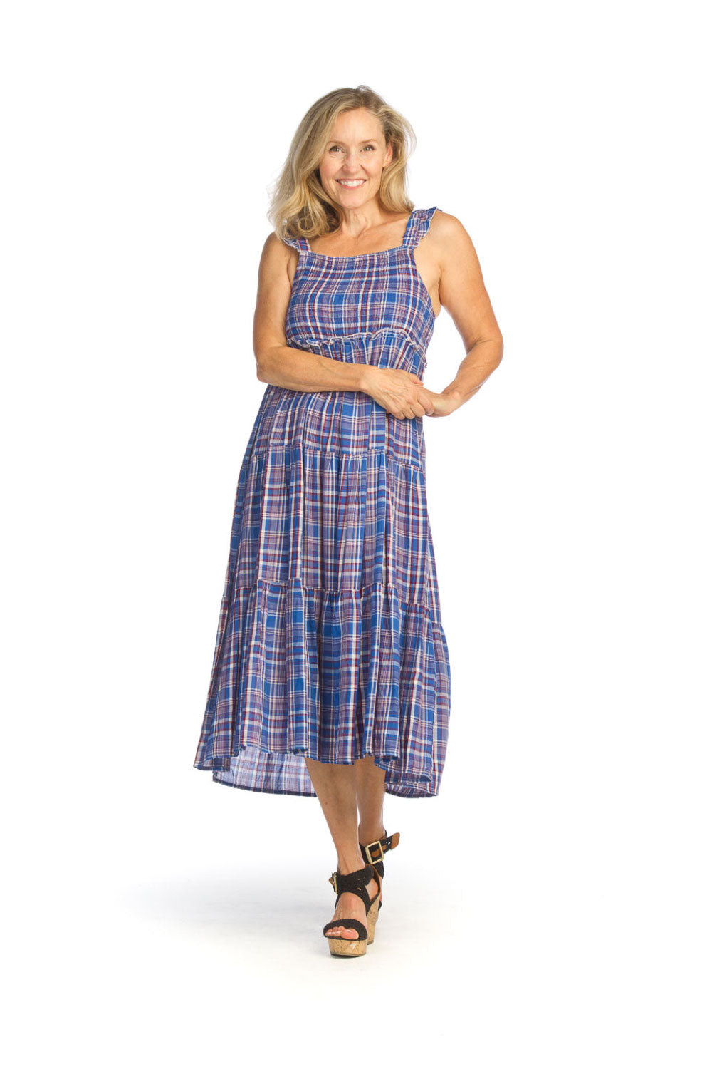 Blue Smocked Plaid Tiered Midi w Ruffle Sleeve Trim
