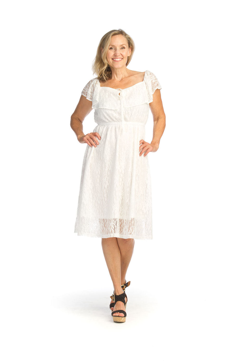 WHITE Stretch Lace OTS Dress with Elastic Waist