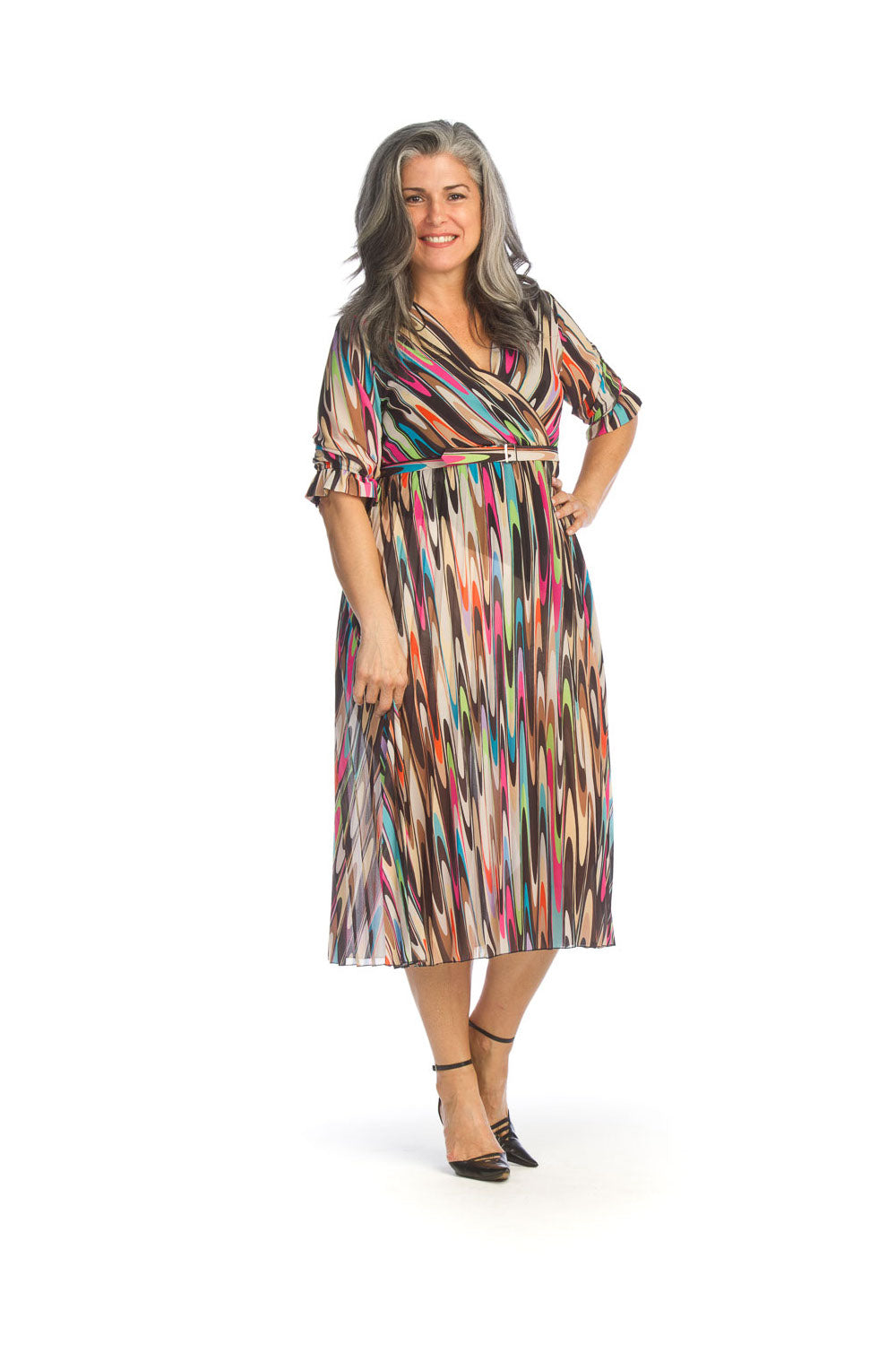 Black Abstract Print Pleated Dress with Elastic Waist