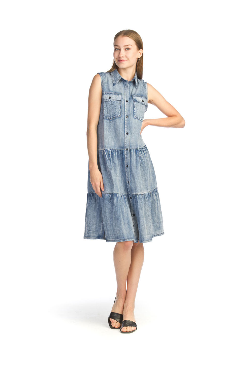 Dark Blue Denim stonewash Denim Tiered Dress