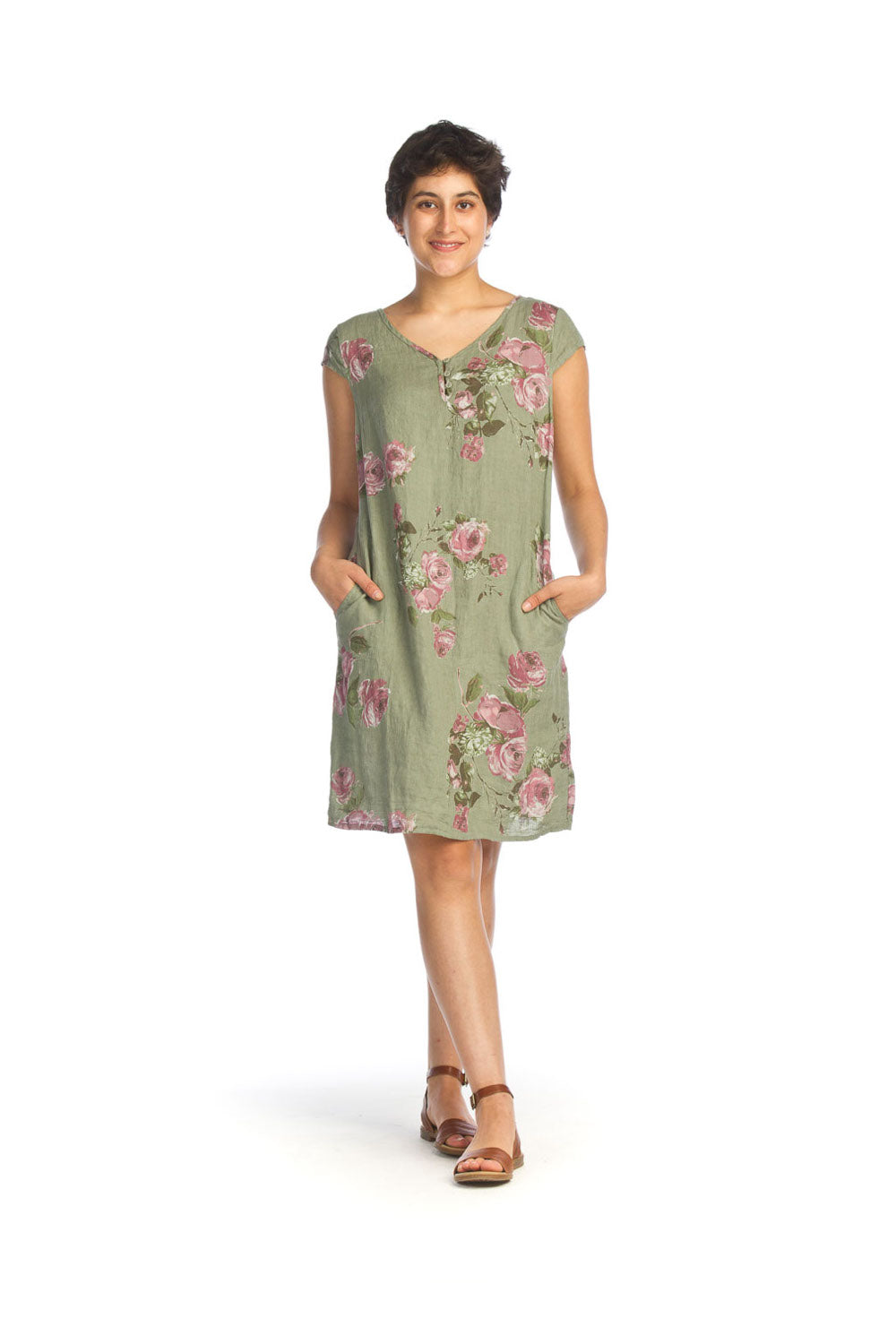 Sage Floral Linen Dress with Pockets
