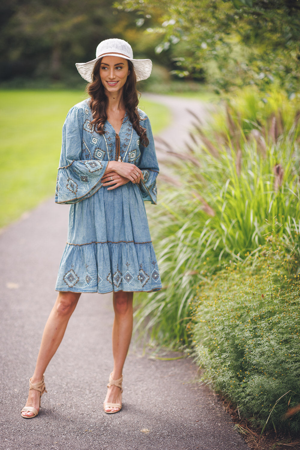 Dark Blue Denim Embr and Beaded Denim Dress w Bell Sleeves