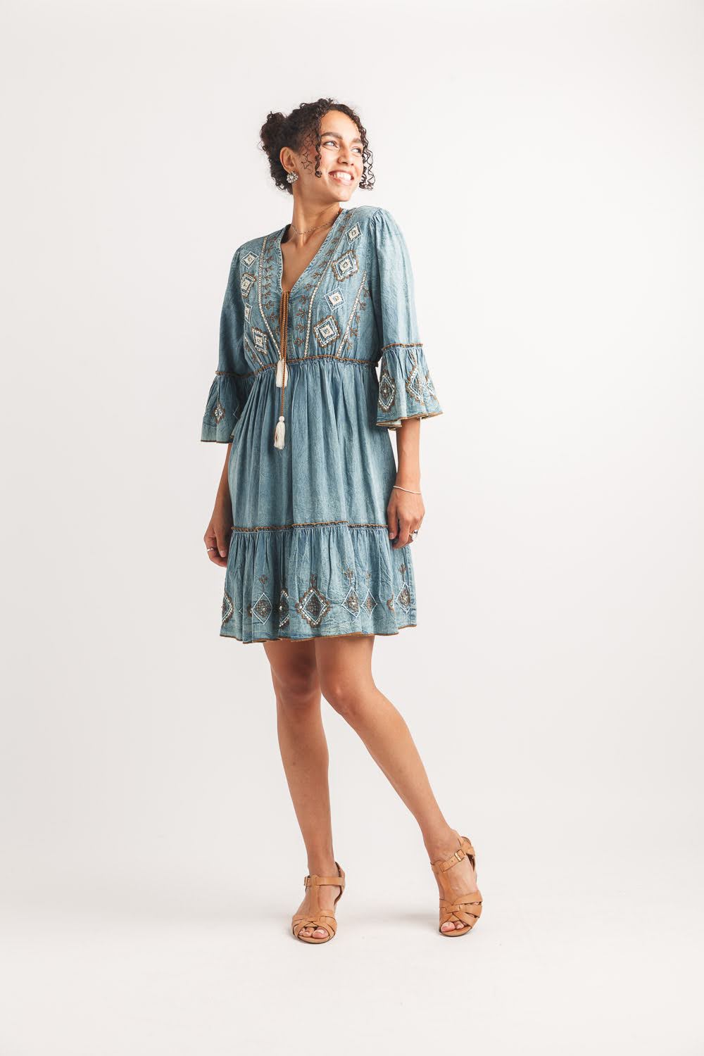 Dark Blue Denim Embr and Beaded Denim Dress w Bell Sleeves