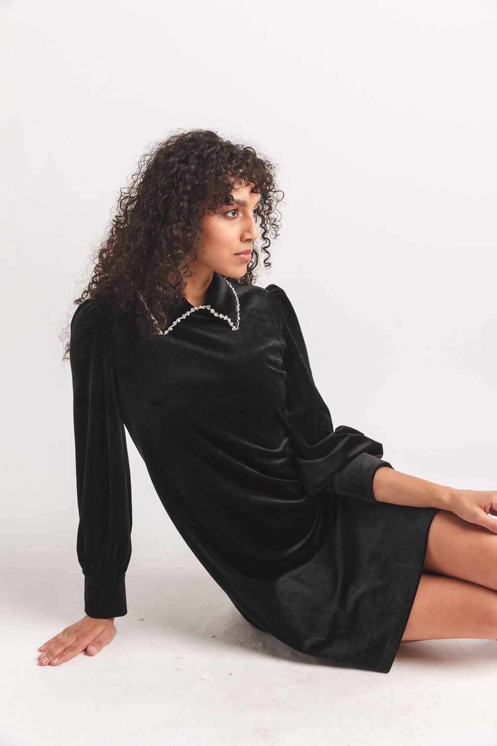 Velvet Balloon Sleeve Dress with Collar Detail