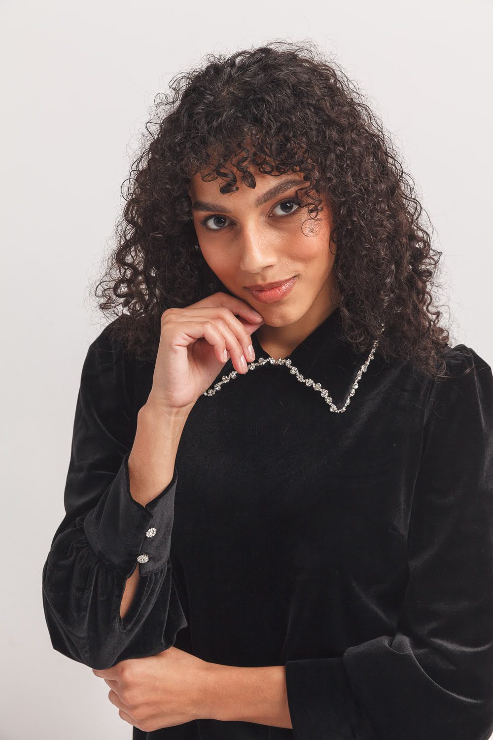 Velvet Balloon Sleeve Dress with Collar Detail
