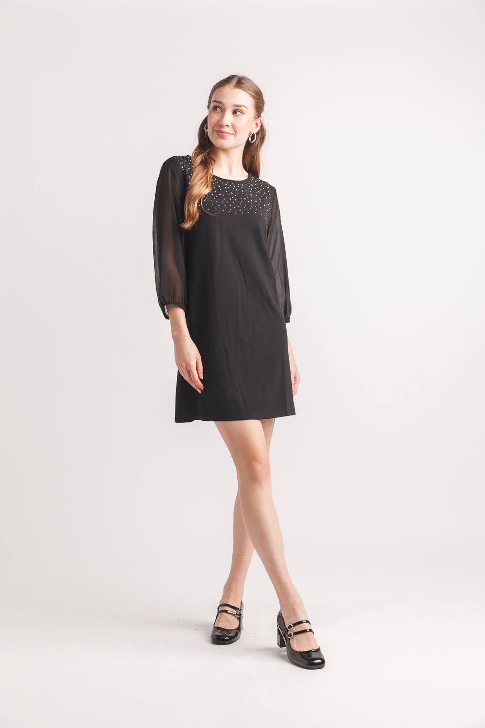 3/4 Sleeve Dress with Bejeweled Neckline Detail