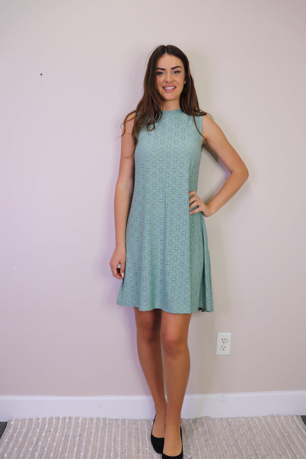 Rose Stretch Eyelet A-Line Dress Woth Pockets
