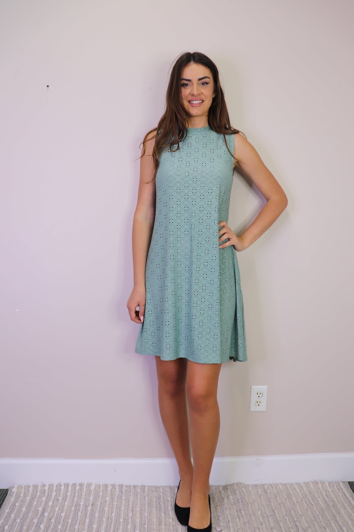 Rose Stretch Eyelet A-Line Dress Woth Pockets
