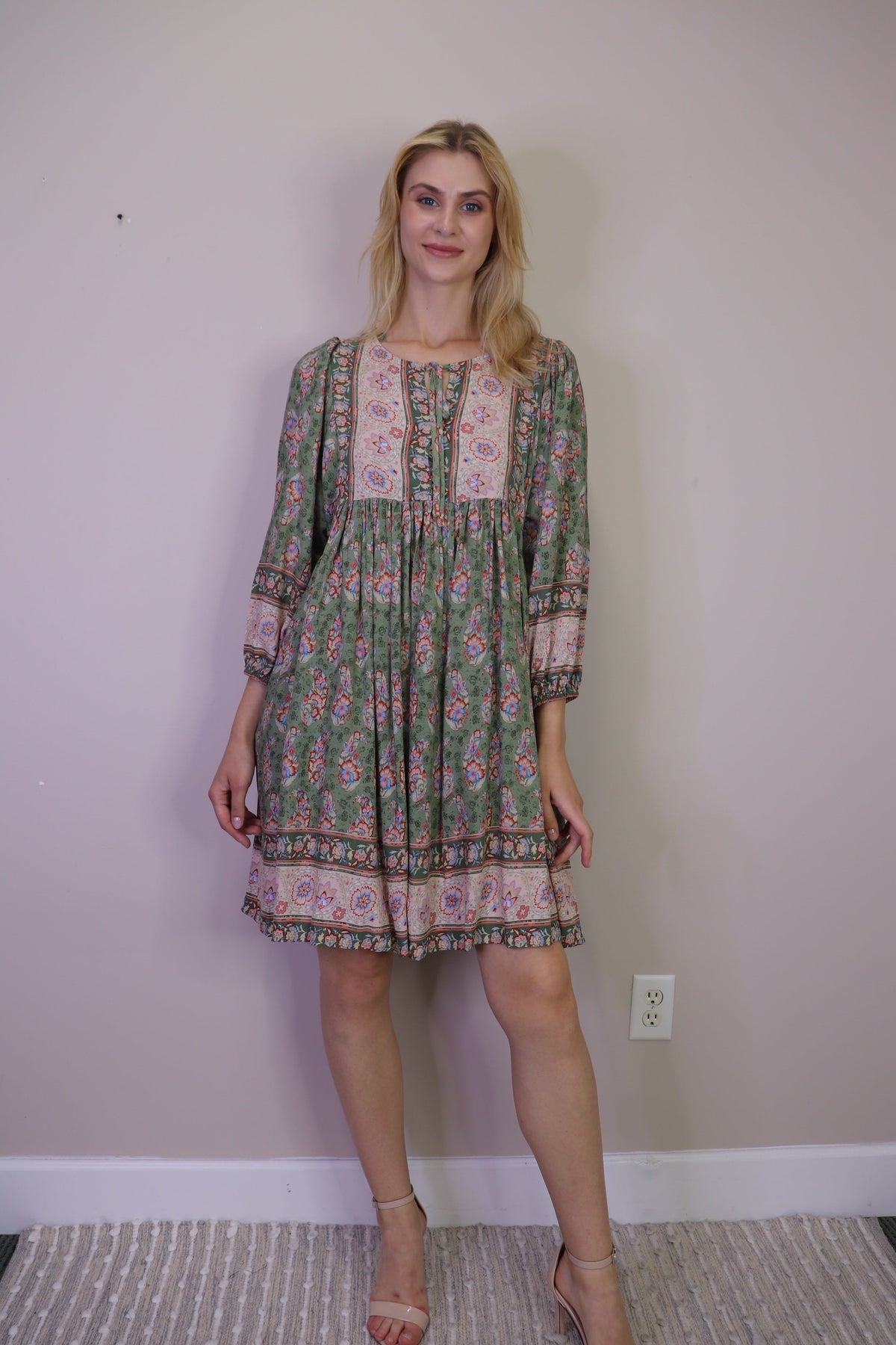 Floral Border Print Dress With Pockets