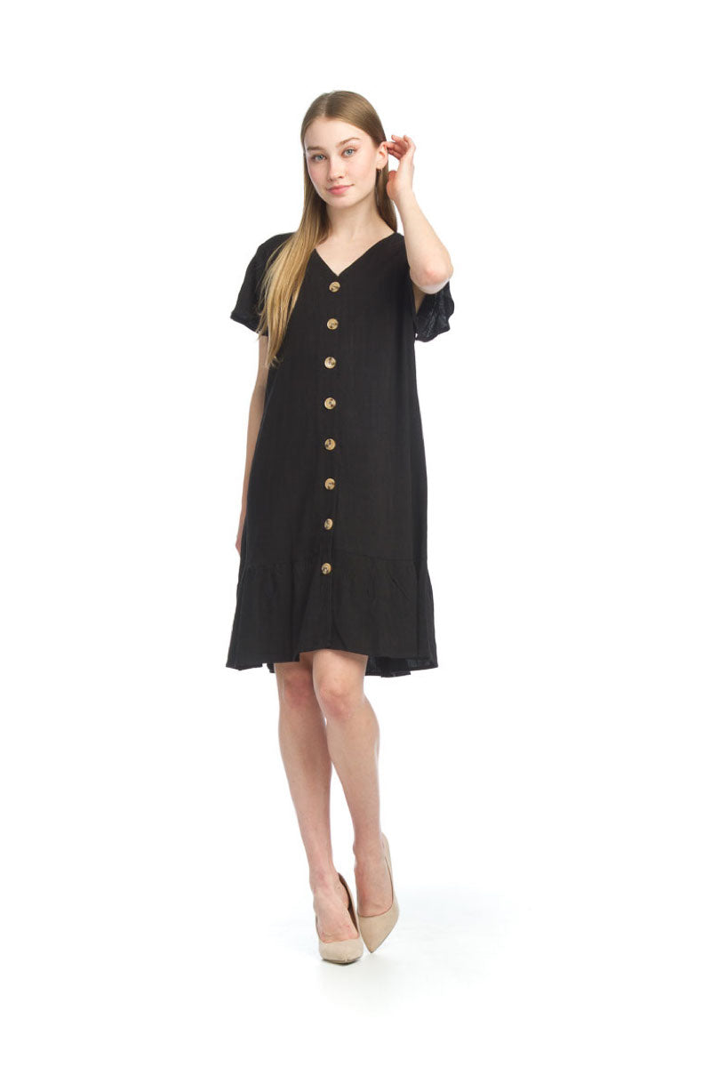 BLACK Cotton Blend Short Sleeve Button Front Dress