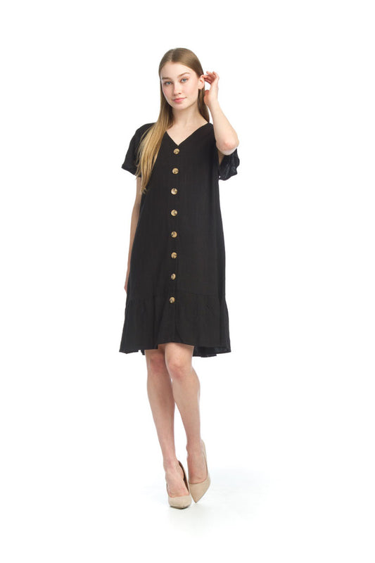 BLACK Cotton Blend Short Sleeve Button Front Dress