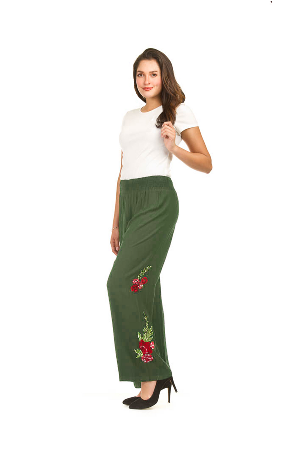 khaki Floral Embroidered Wide Leg Pant