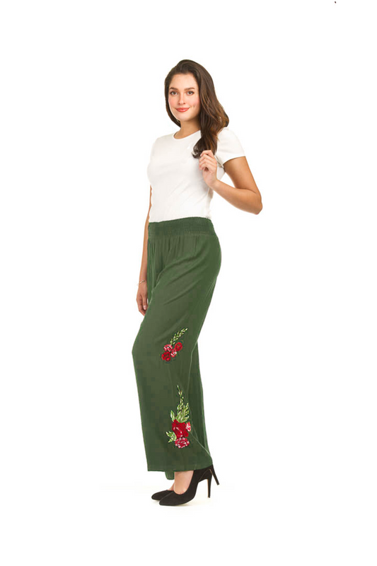 KHAKI Floral Embroidered Wide Leg Pant