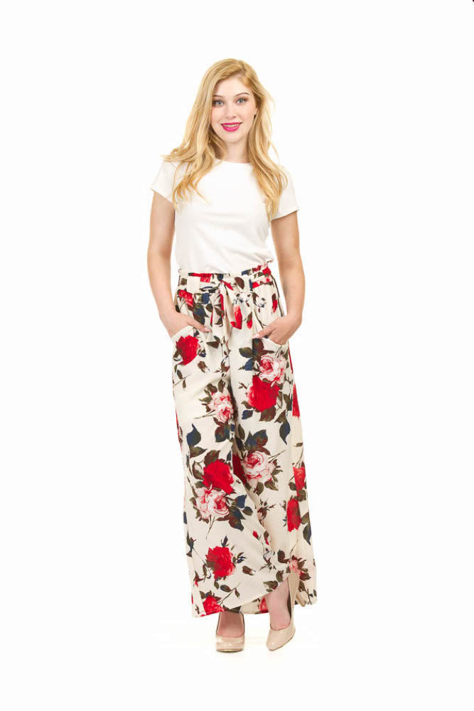 Cream Rose floral Print Wide Leg Paperbag Waist
