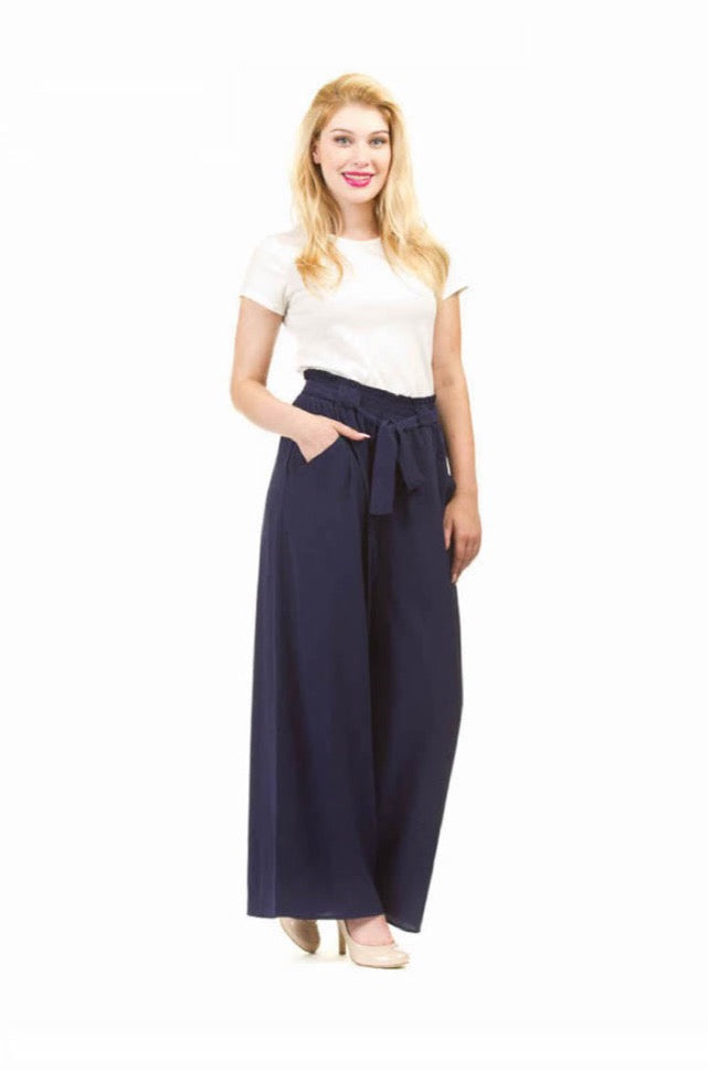 Navy Solid Crepe Wide Leg Paperbag Waist Pant