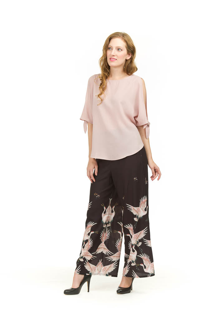 BLACK Wide Leg Pants with Crane Design