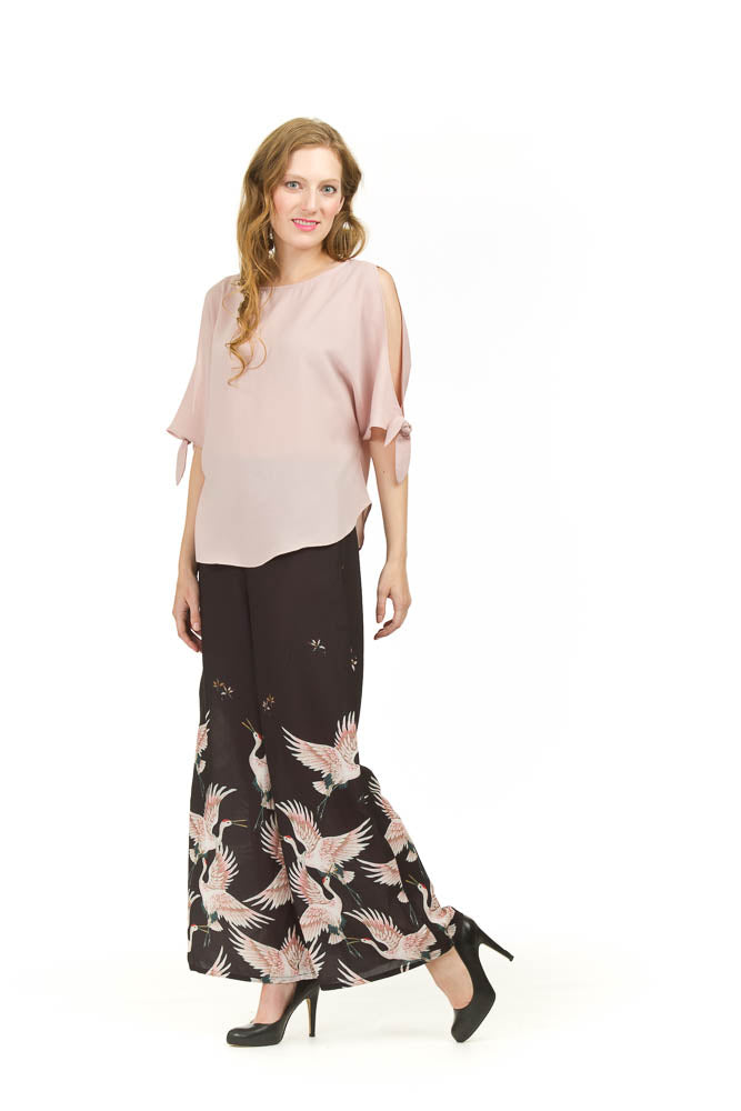 BLACK Wide Leg Pants with Crane Design
