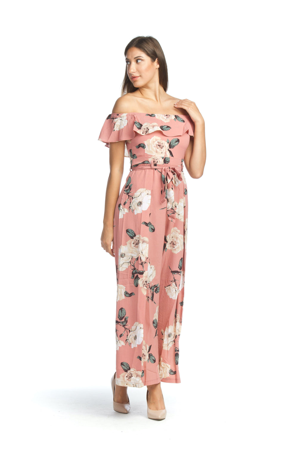pink Floral OTS Junpsuit with Pockets & Back Zip