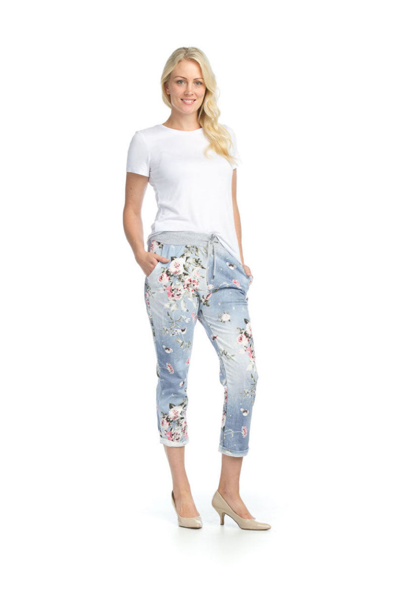 Blue Stretch Floral Jean Look Pants