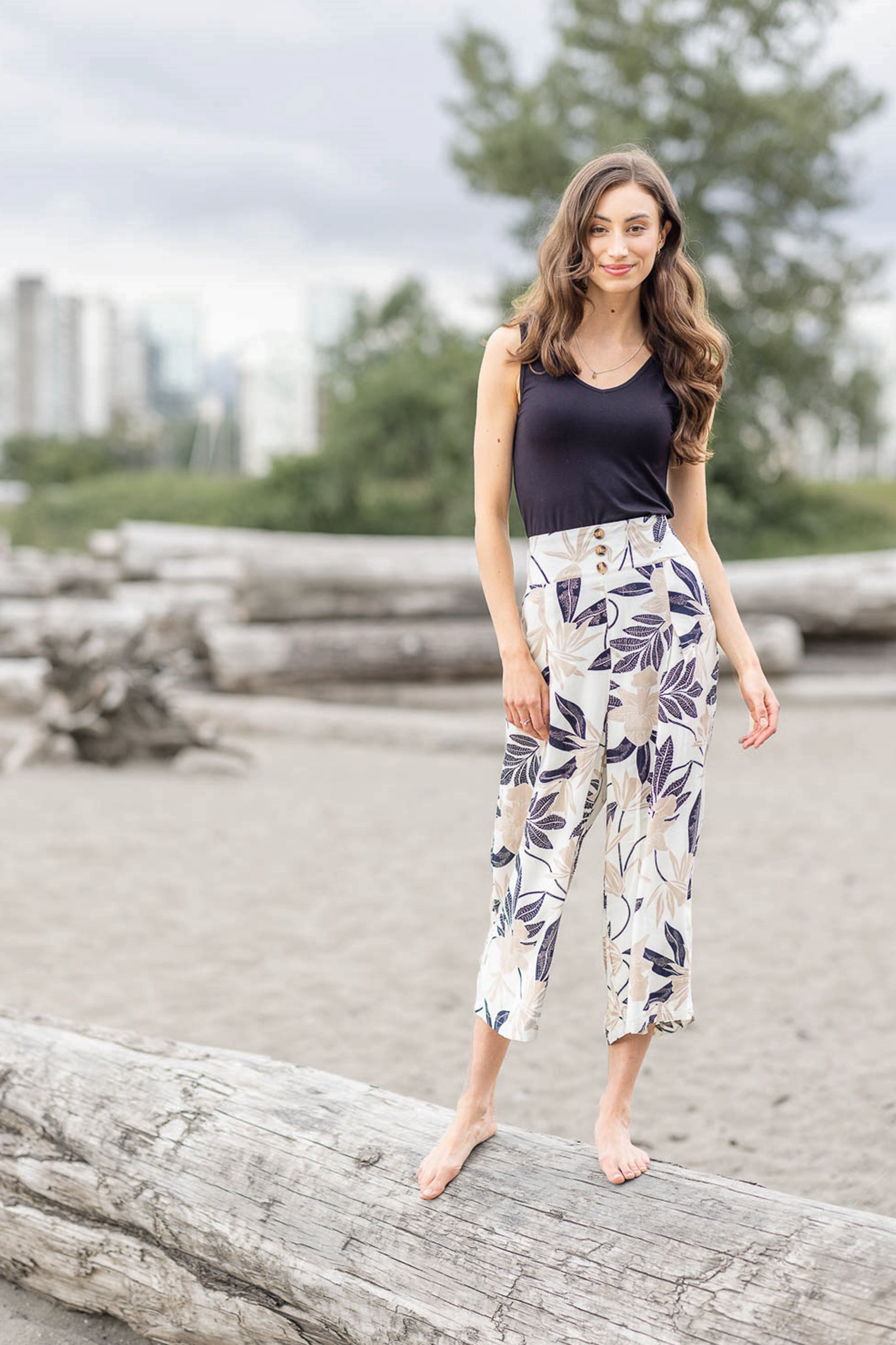 BEIGE Tropical Print Wide Leg Pants w Pockets & Button