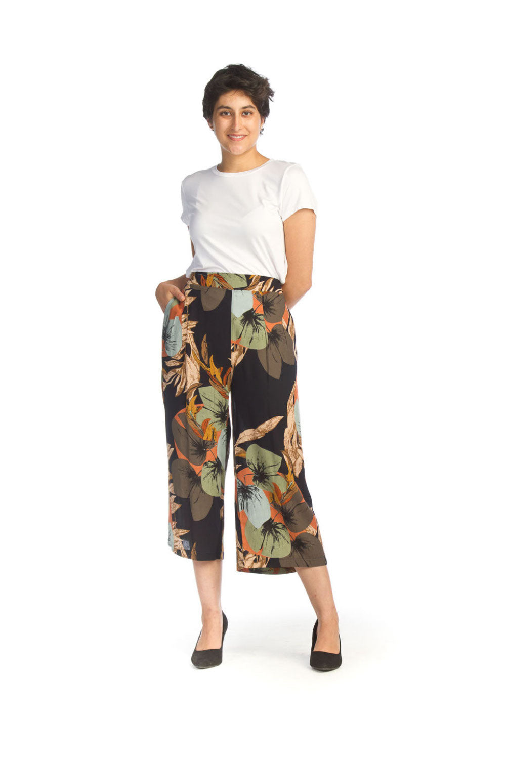 Navy Tropical Print Wide Leg Pants with Pockets