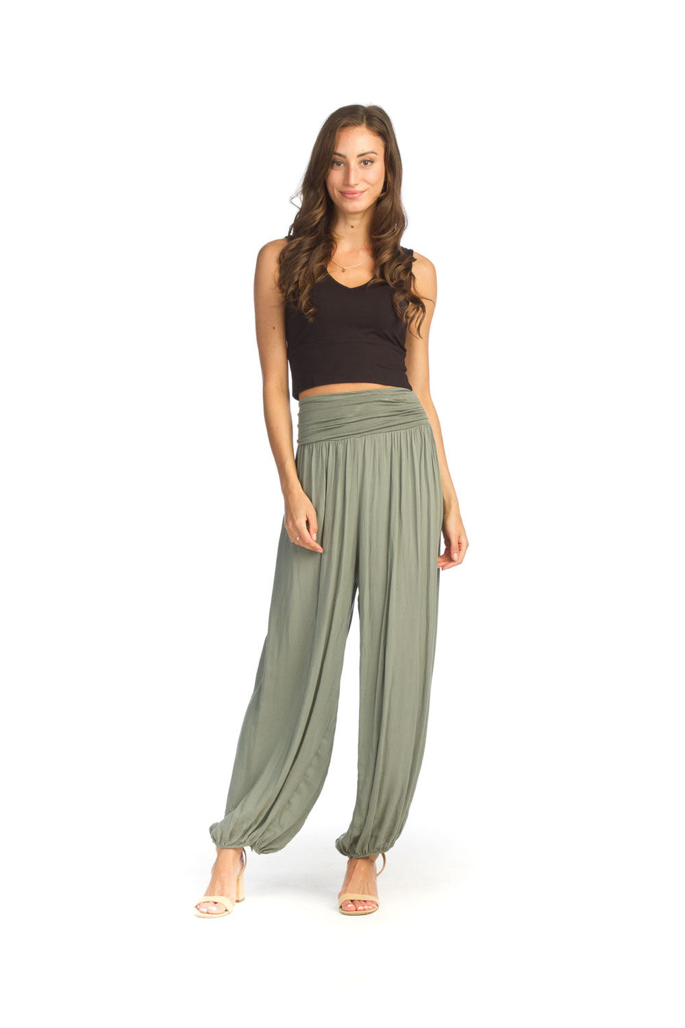khaki Stretch Harem Pants with Knit Waistband