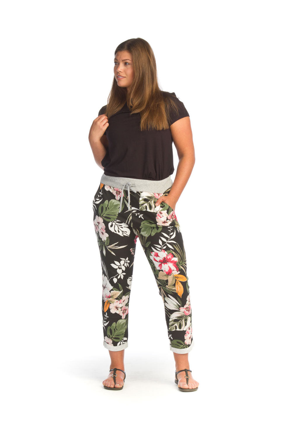 Black Tropical Cotton Blend Pants with Elastic Waist