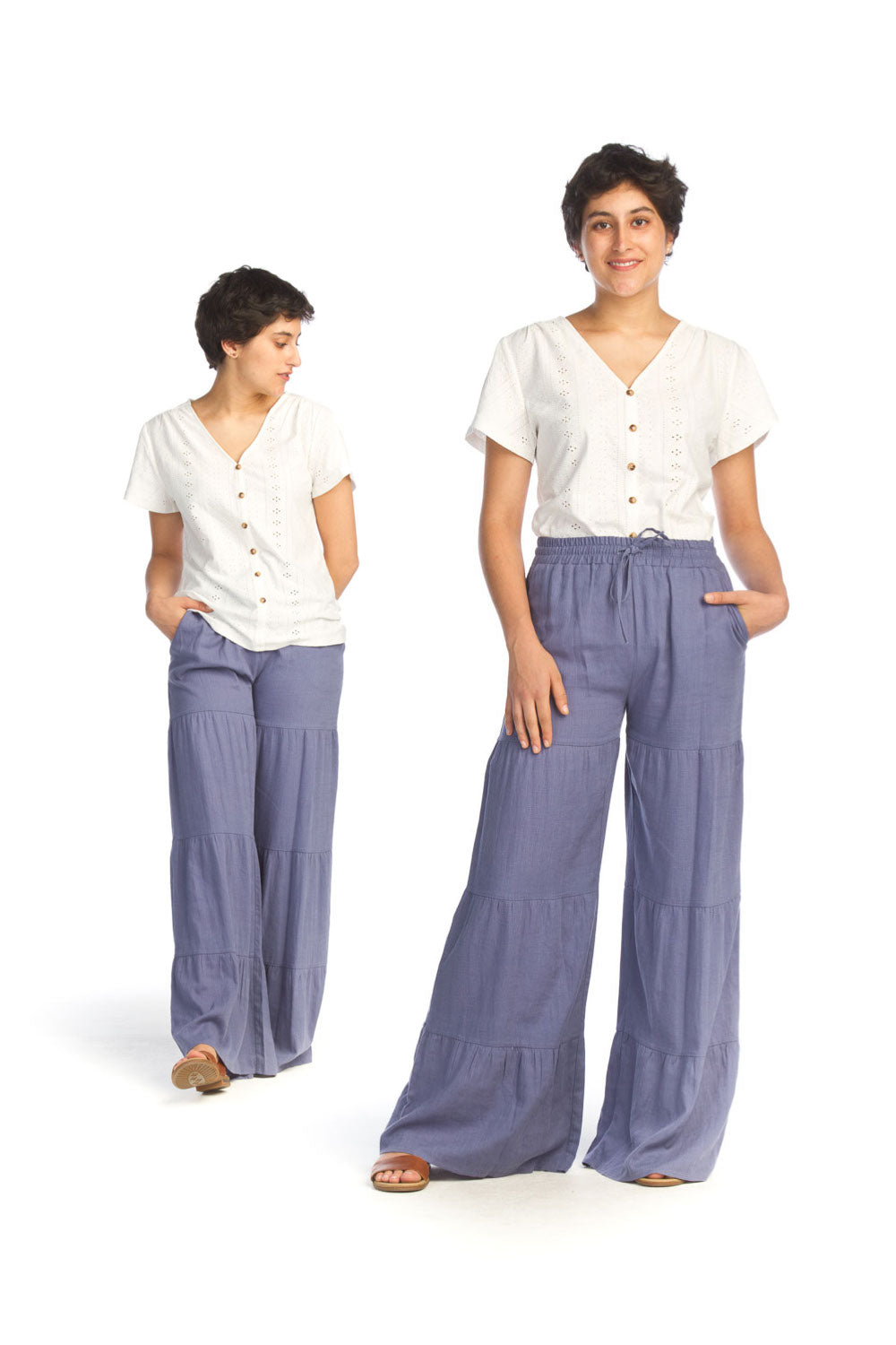 Dark Blue Denim Tiered Elastic Waist Pants with Pockets