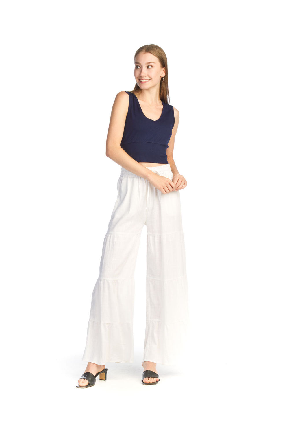 WHITE Tiered Elastic Waist Pants with Pockets