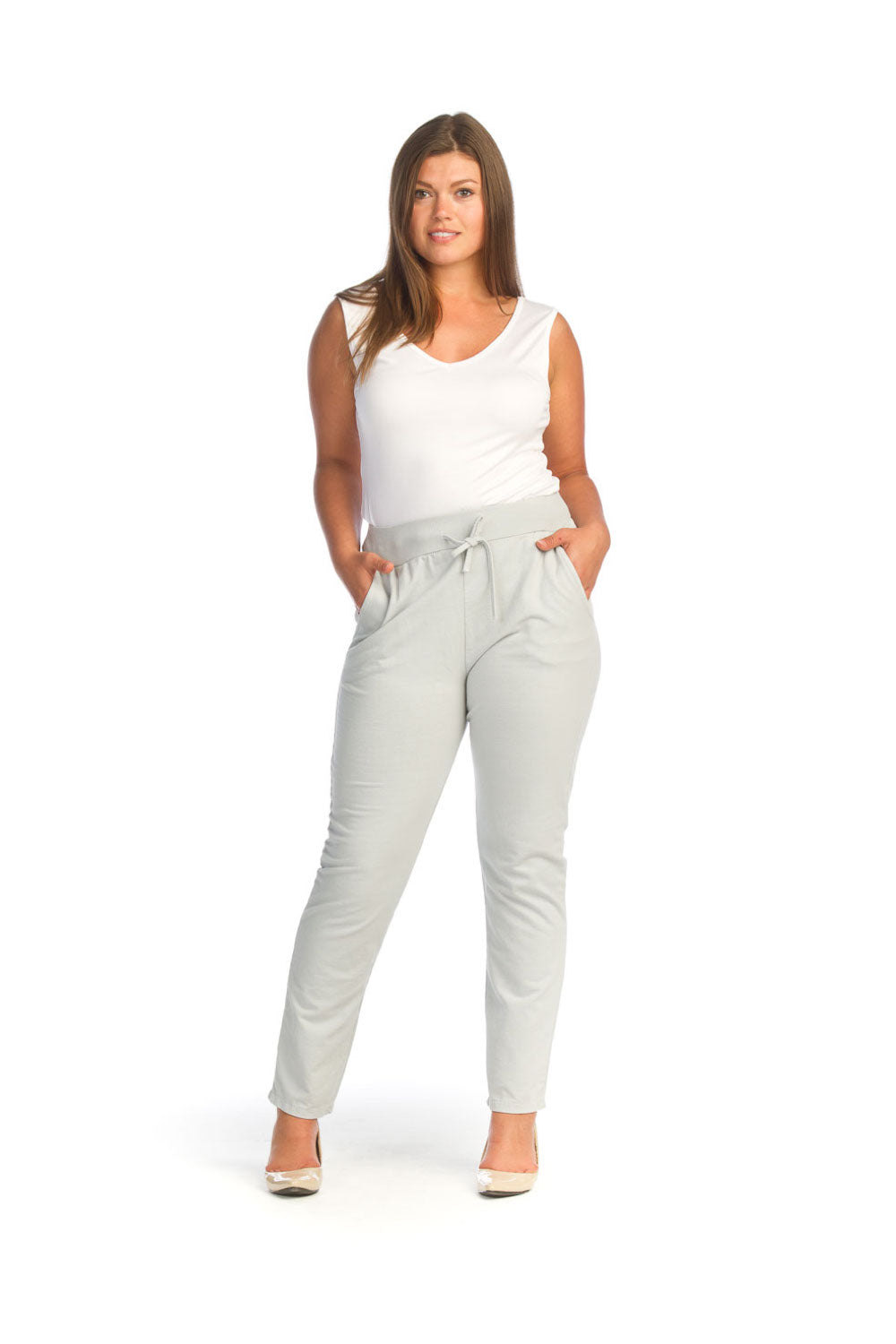 grey Cotton Blend Stretch Pants with Elastic Waist