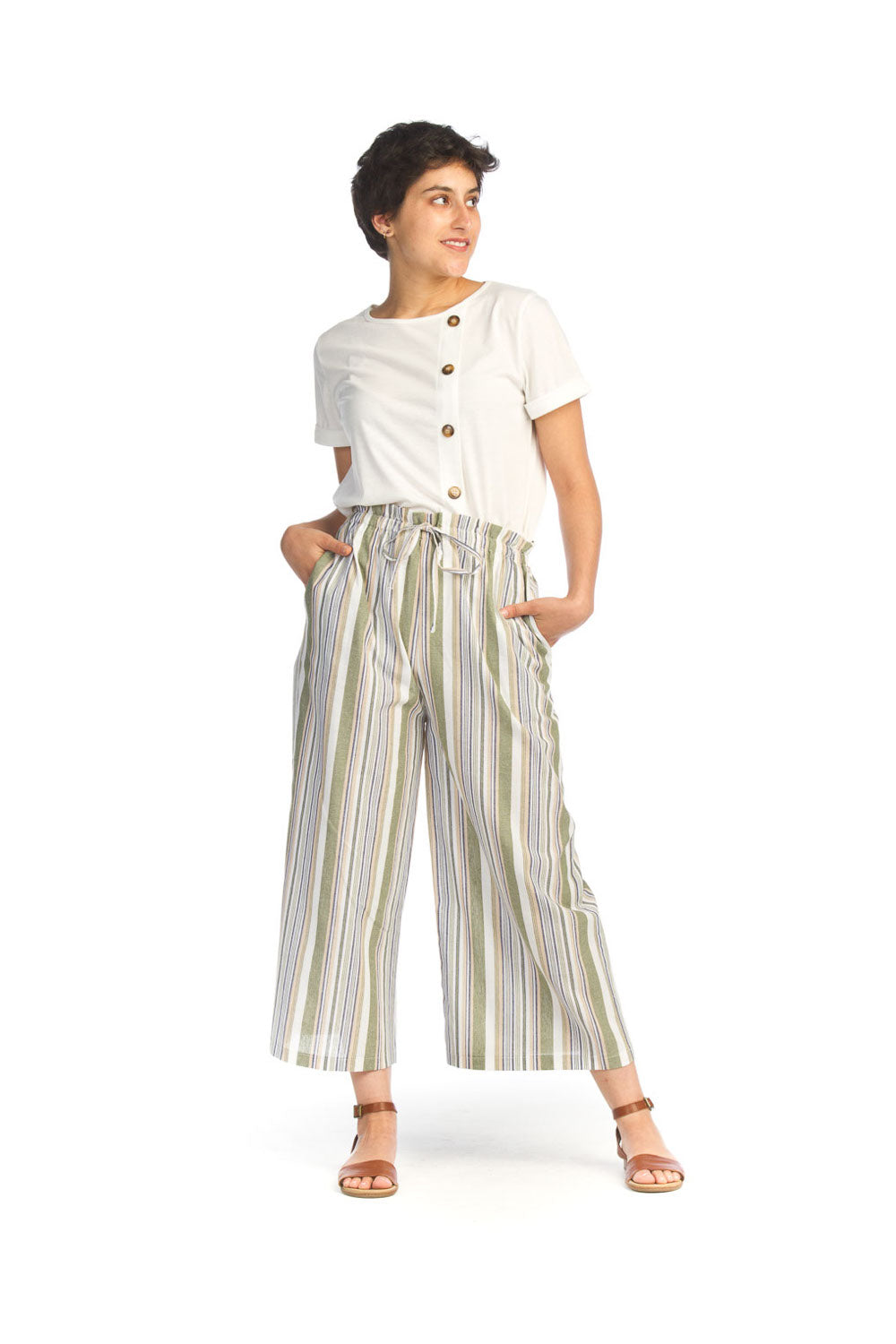 Green Ctn Striped Wide Leg Pants with Pockets