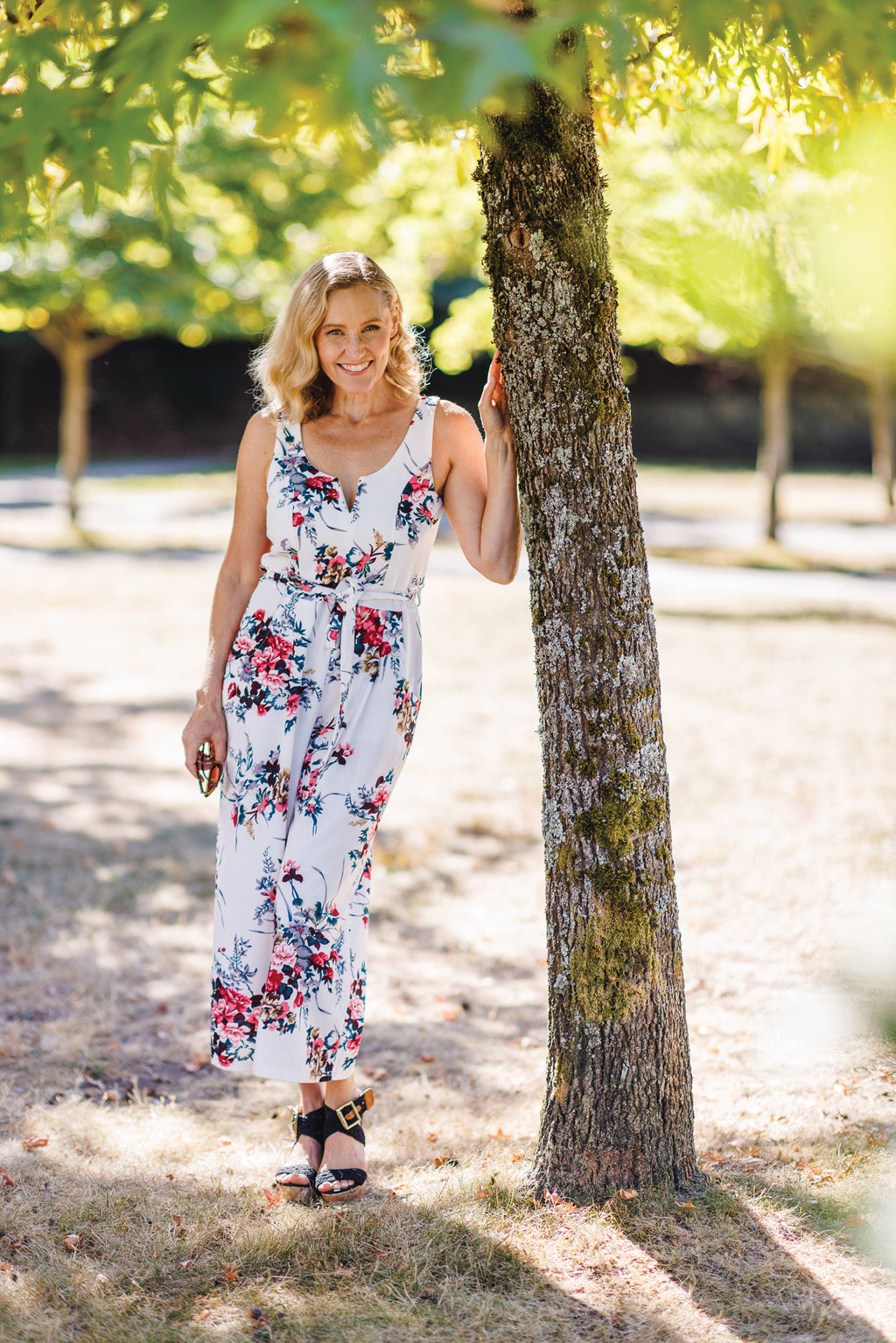 BLACK Floral Stretch Jumpsuit with Pockets & V Boning