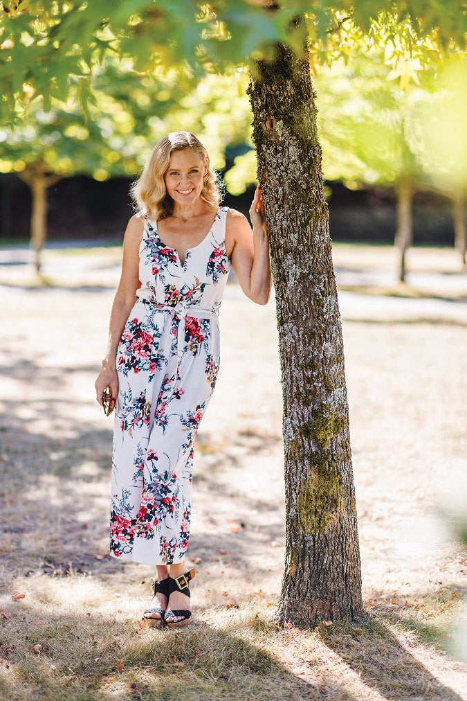 WHITE Floral Stretch Jumpsuit with Pockets & V Boning