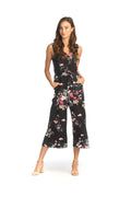BLACK Floral Stretch Jumpsuit with Pockets & V Boning