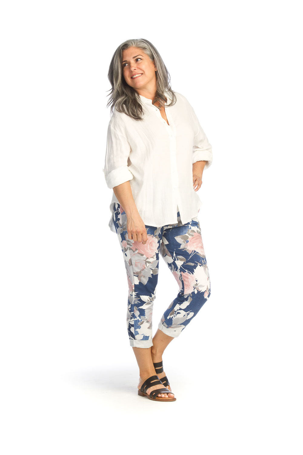 Dark Blue Denim Floral Cotton Blend Pants with Elastic Waist