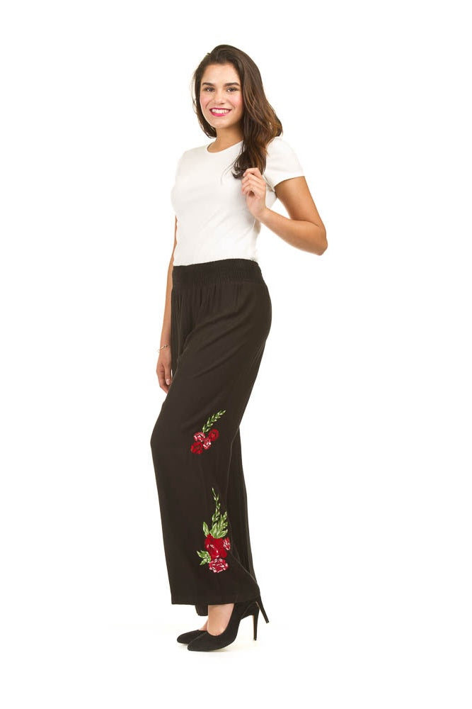 Black Floral Embroidered Wide Leg Pant
