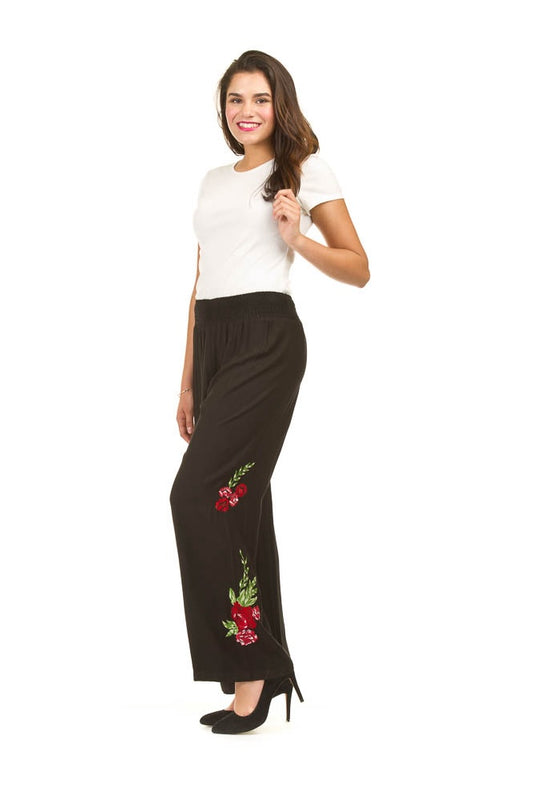 BLACK Floral Embroidered Wide Leg Pant