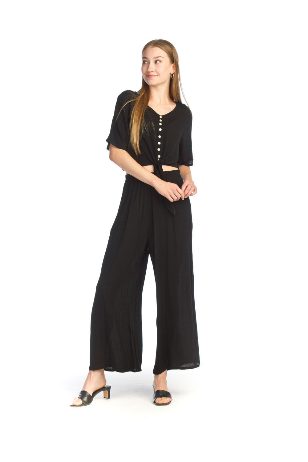 BLACK Crinkle Wide Leg Pant & Tie Shirt Set