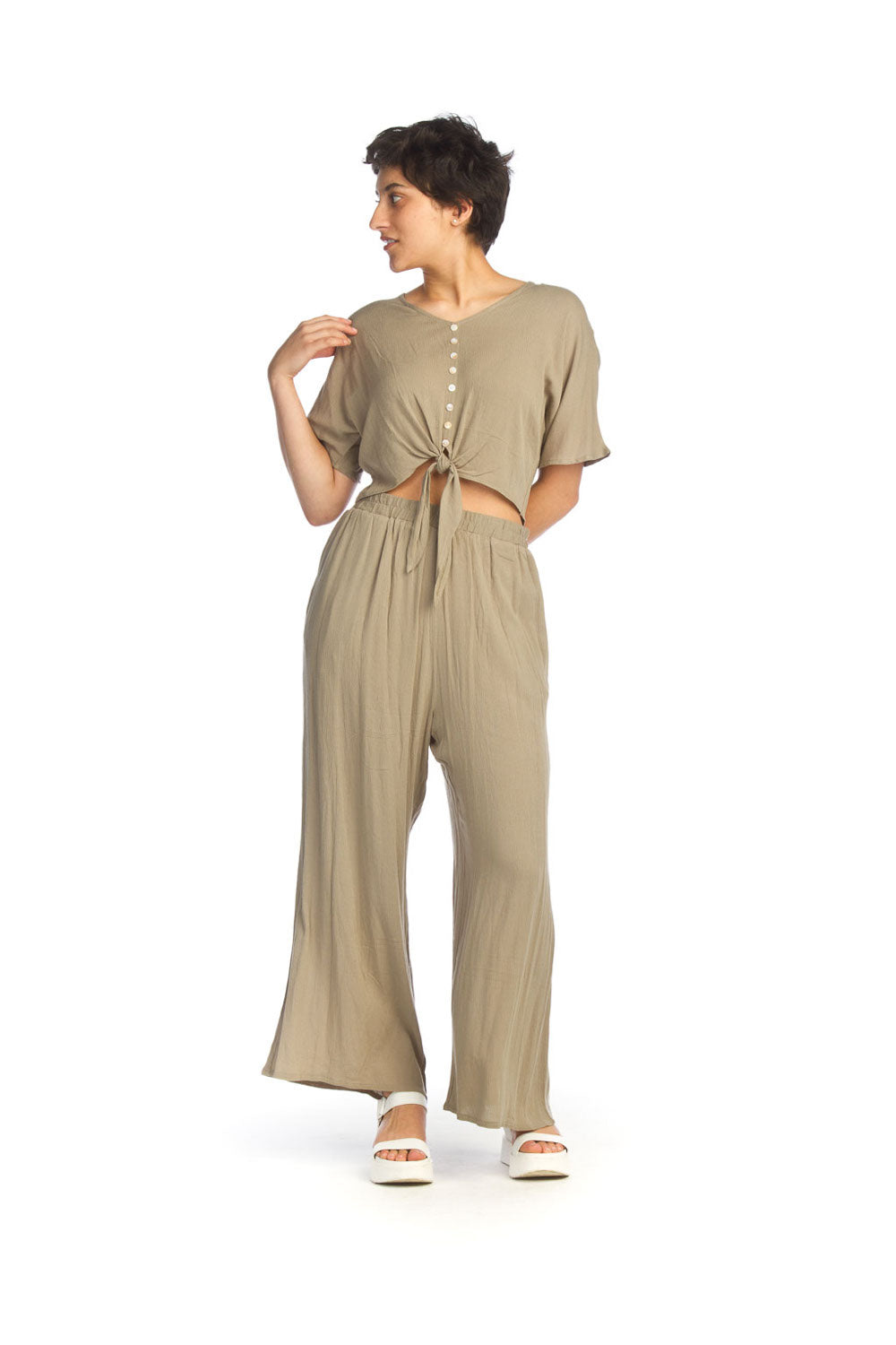 SAGE Crinkle Wide Leg Pant & Tie Shirt Set