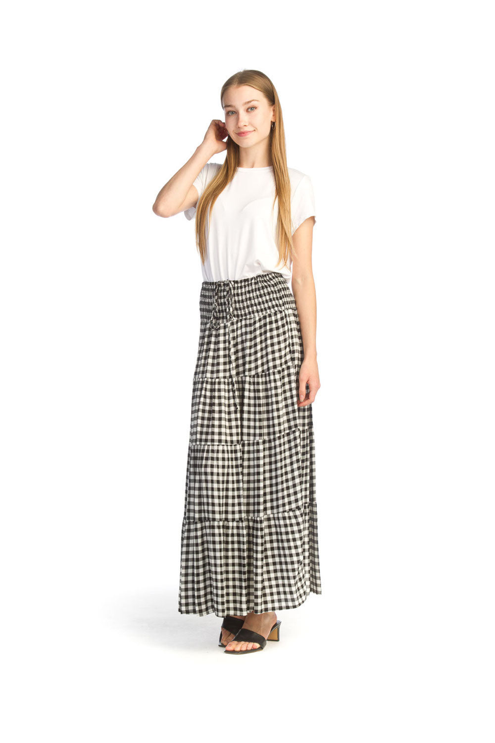 BLKWH Gingham Tiered Skirt with Elastic Wasit