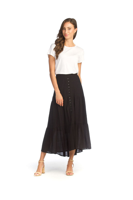 BLACK Tiered Crinkled Cotton Blend Button Front Skirt