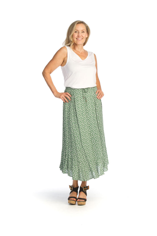 SAGE Floral Midi Skirt with Elastic Waist & Ruffle Hem