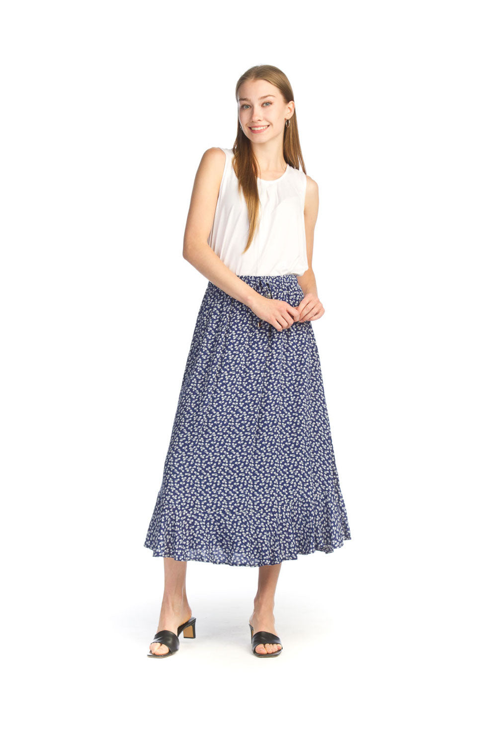 NAVY Floral Midi Skirt with Elastic Waist & Ruffle Hem