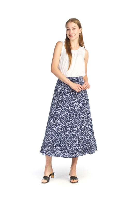 NAVY Floral Midi Skirt with Elastic Waist & Ruffle Hem