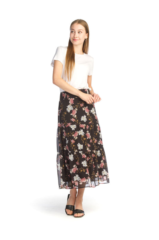 BLACK Floral Ruffle Skirt with Elastic Waist