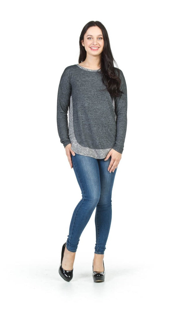 Black Heathered Rib Detail Shirt Hem Top